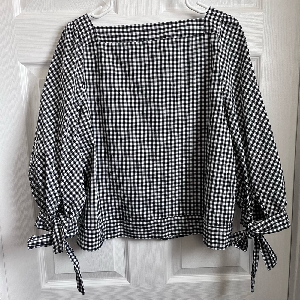 Gap blouse top Women Medium plaid black white tie long sleeve summer cropped - Picture 6 of 6